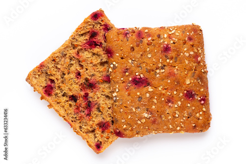 Rye bread slice on a white background.