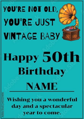 Canvas Print Happy 50 birthday text with gramophone on blue background