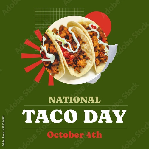 Composition of national taco day text and tacos on green background