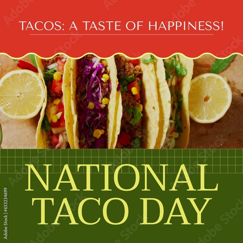 Composition of national taco day text and tacos on red and green background