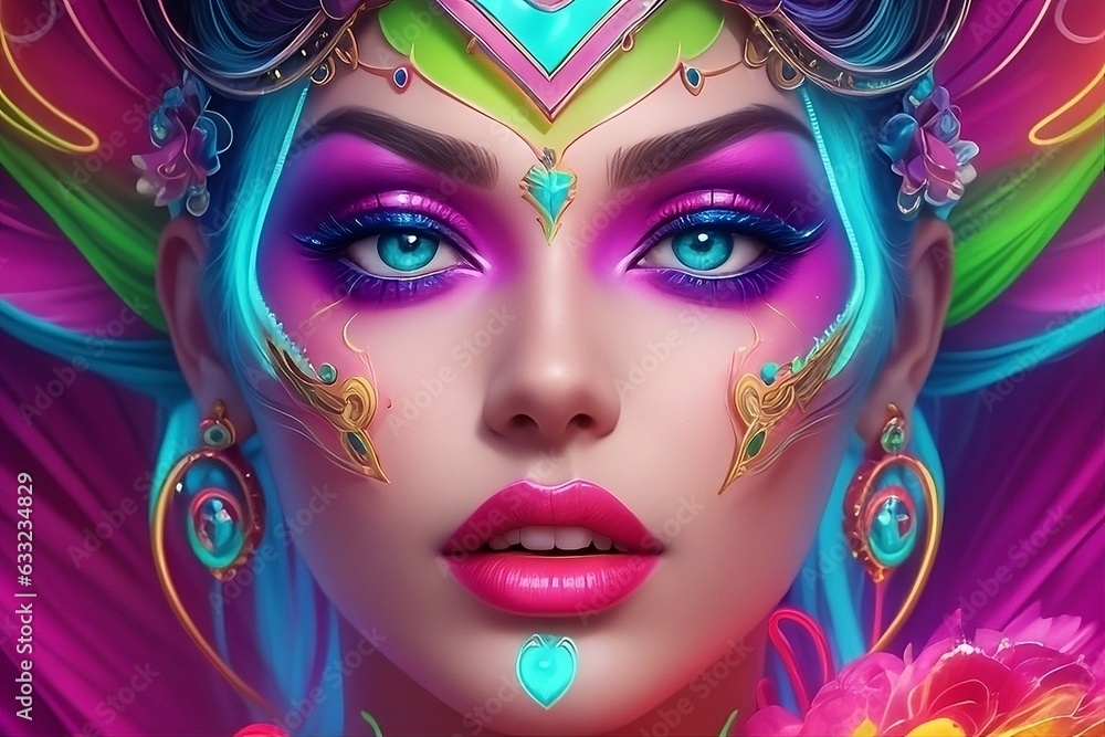 Captivating Neon Fantasy: Fashion Art Portrait with Daring Makeup