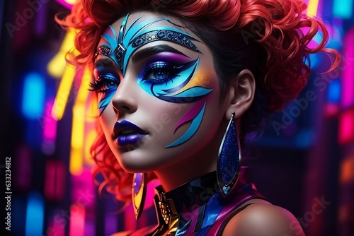 Neon Fantasy Fashion Model with Captivating Gaze