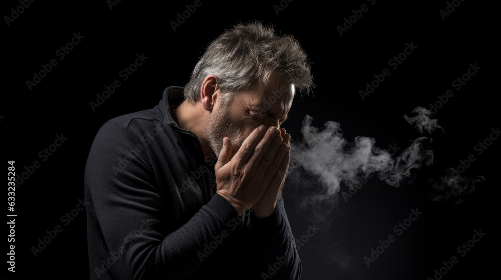 Allergy to dust. A man sneezes because he is allergic to dust. Dust flies in the air