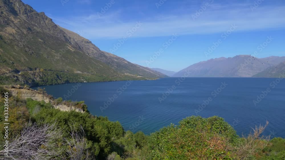 Lake Whakatipu near Queenstown in New Zealand wide panning shot Lake Whakatipu near Queenstown in New Zealand wide panning shot
