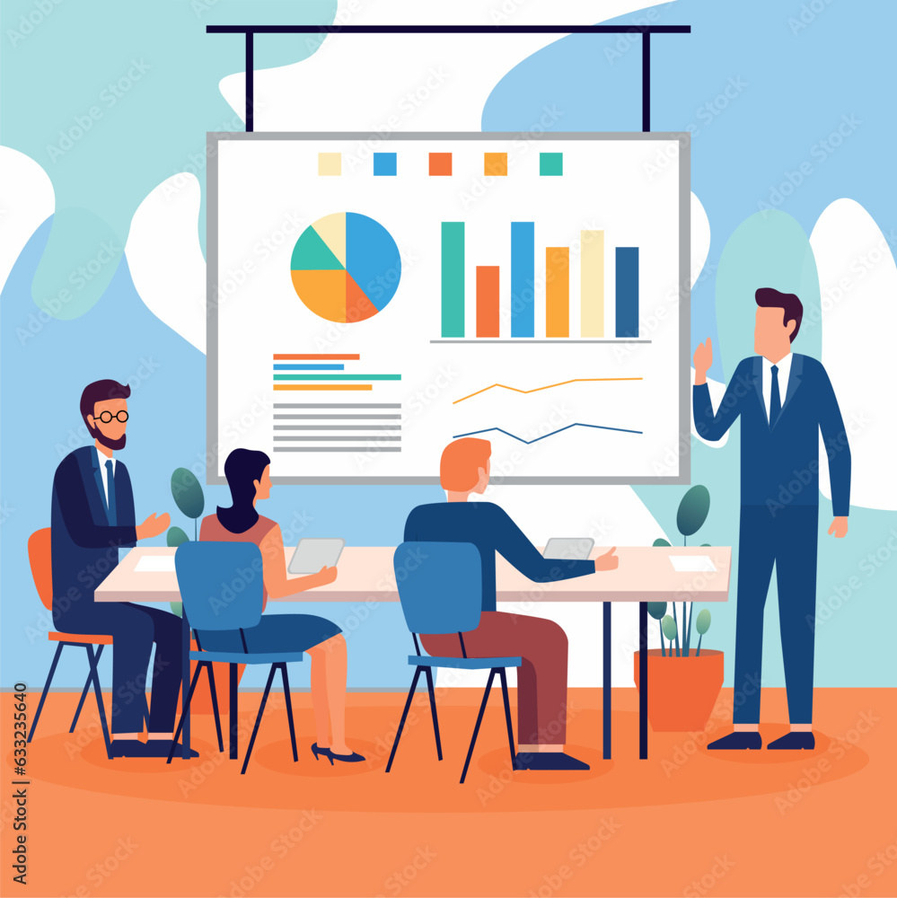 Business Meeting. Vector cartoon illustration in a flat style of a group of diverse people leading a discussion at a table near a whiteboard with charts and graphs. Isolated on background