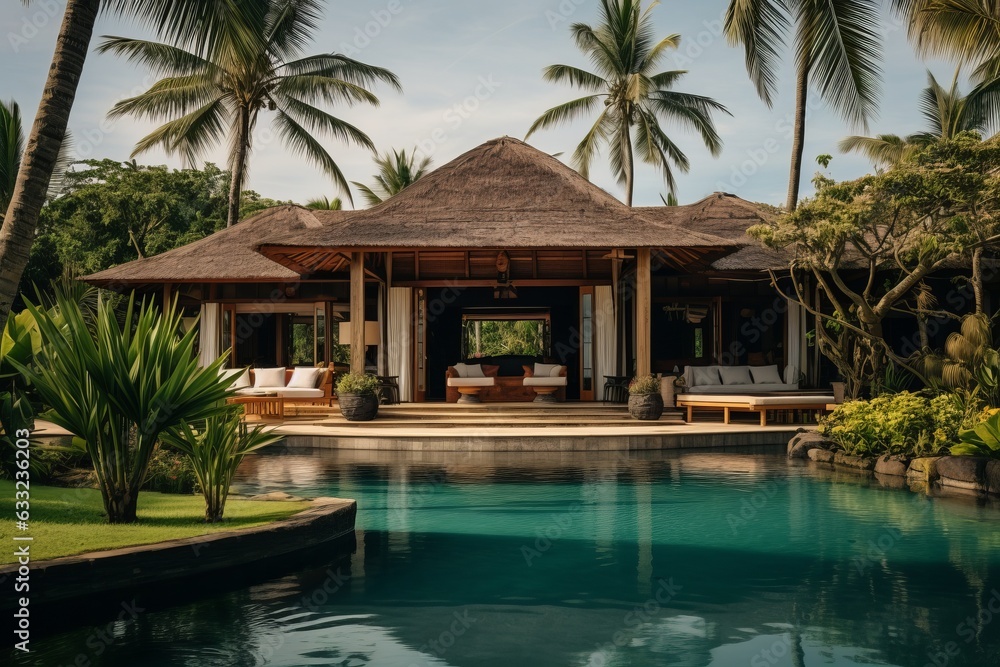 Tropical Villa Surrounded By Lush Palm Trees, Generative AI Tropical Villa Surrounded By Lush Palm Trees, Generative AI