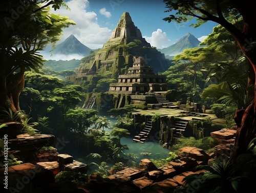 An ancient Mayan pyramid rising from the lush and dense rainforest generative ai