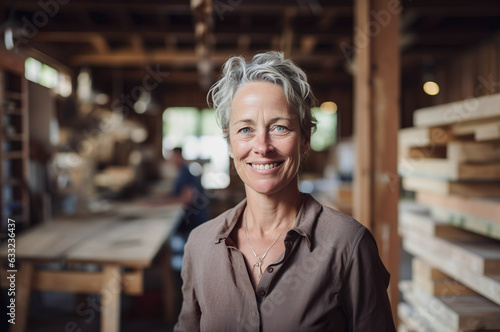 AI generated image of mature woman in wood shop