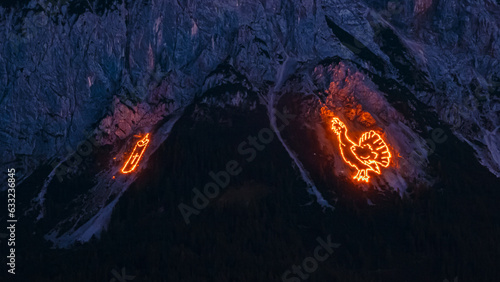 Alpine view with the mountain fires of the Tyrolean Zugspitz Arena near Ehrwald, Reutte, Tyrol, Austria