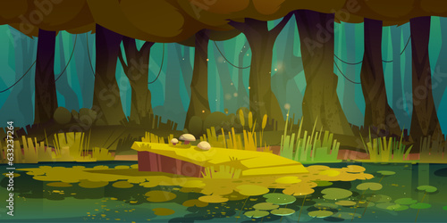 Forest swamp horizontal background - cartoon vector illustration of summer fantasy spooky landscape with trees, lake and water lilies. Jungle game scene of pond with green grass and plants.