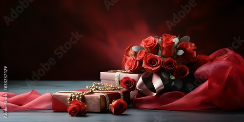 Fototapeta Naklejka Na Ścianę i Meble -  red rose flower and gift box with maroon background