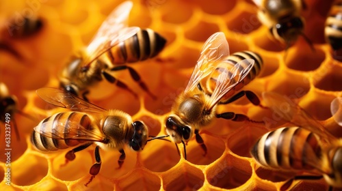 Close up view of the working bees on honey cells © Lubos Chlubny