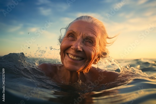 Happy laughing elderly woman enjoying in the warm sea