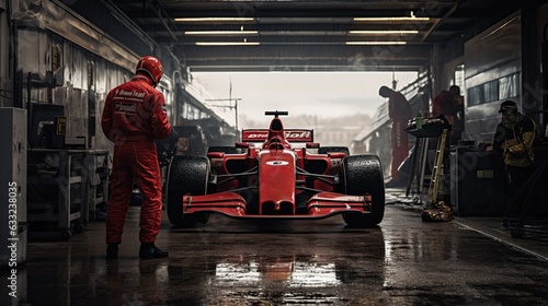 The pit lane of a red racing car. Team work © Oleksii Halutva