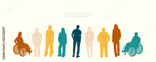 Silhouettes of different people standing together. Modern color design.