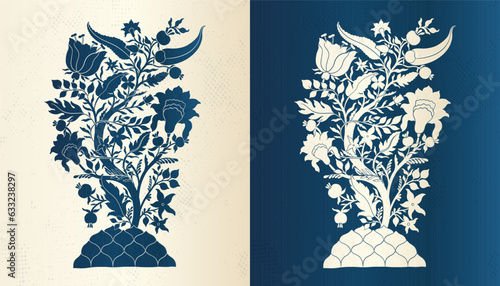 Mughal decorative ornamental blue tree. Indian intricate traditional mughal style with tree flowers and foliage.