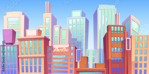 Modern city downtown with skyscrapers against blue sky background. Vector cartoon illustration of urban landscape, futuristic high-rise apartment houses and office buildings, residential neighborhood