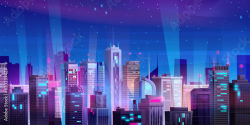 Night cityscape with skyscrapers and helicopter on roof. Vector cartoon illustration of modern city illumination, high-rise office or apartment buildings with many windows, stars shining in dark sky