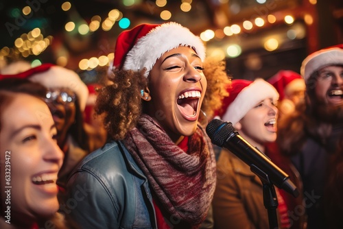 Group Of People Singing Christmas Karaoke, Generative AI