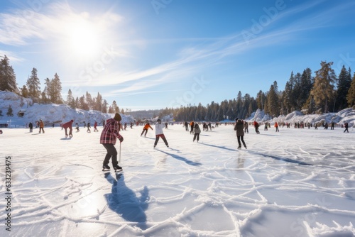 Group Of People Ice Skating On A Frozen Lake, Generative AI 