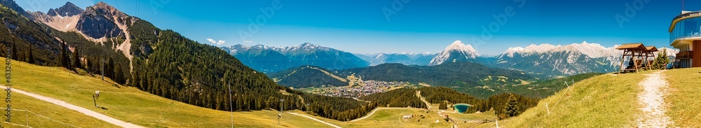 High resolution stitched alpine summer panorama at Mount Seefelder Joch, Rosshuette,  Seefeld, Tyrol, Austria