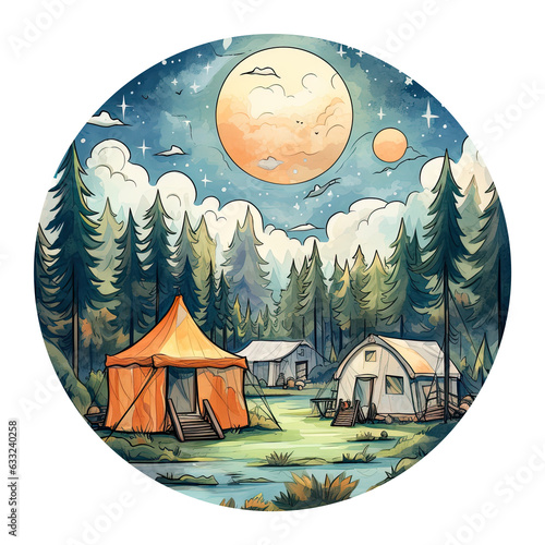 Watercolor illustration of a camping tent in a fir forest. Generative Ai photo