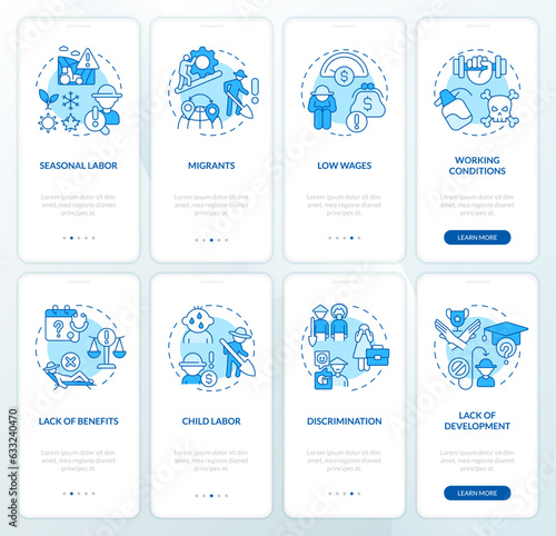 Labor problems in agriculture sector blue onboarding mobile app screen set. Walkthrough 4 steps editable graphic instructions with linear concepts. UI, UX template. Myriad Pro-Bold, Regular fonts used