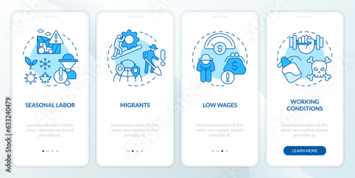 Labour issues in agriculture blue onboarding mobile app screen. Farm industry walkthrough 4 steps editable graphic instructions with linear concepts. GUI template. Myriad Pro-Bold, Regular fonts used