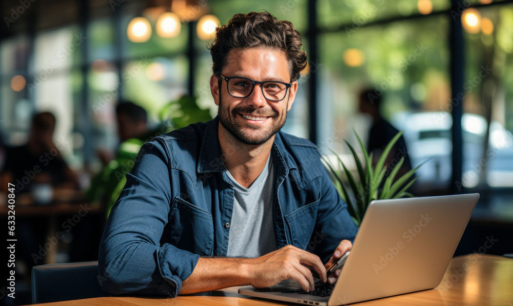 Smiling Entrepreneur: Casual Office Phone Call with Laptop Smiling Entrepreneur: Casual Office Phone Call with Laptop