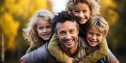 Happy Family Moments: Father and Kids Smiling on Piggyback Rides