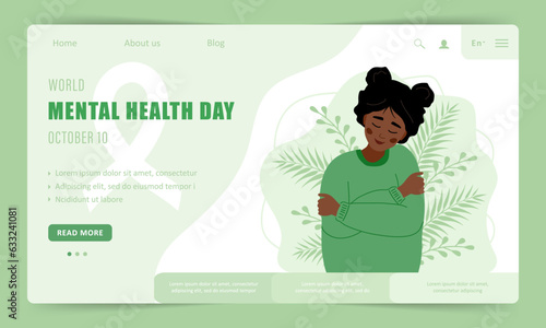 World mental health day. Landing page template. Happy african woman hugging herself. Annual international health campaign. Vector illustration in flat cartoon style.