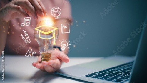 Women holding lightbulb and graduation hat, Internet education course degree, study knowledge to creative thinking idea and problem solving solution. E-learning graduate certificate program concept.