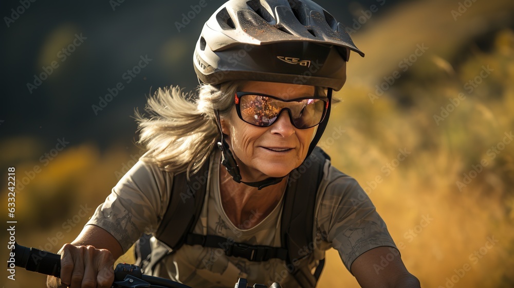 Active Old mature woman in helmet rides a bike path on a bike in a forest park. Active woman aging Active Old mature woman in helmet rides a bike path on a bike in a forest park. Active woman aging