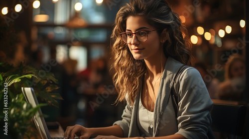 Freelance Woman working at a laptop in a cafe, representing remote work outside the office