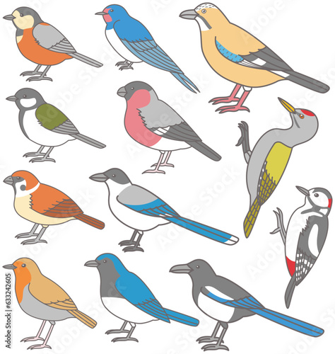 森の野鳥　イラスト素材　横向き　シジュウカラ　キツツキ