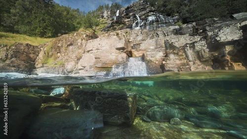 Soothing view of a shallow river with rocky shores and transparent waters, with a waterfall in the background. photo