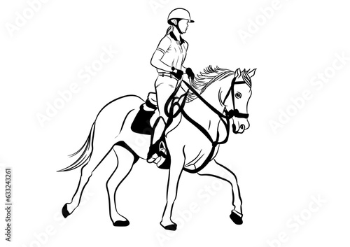 graphics image drawing woman Jockey riding a horse outline stroke line Vector illustration © piyaphunjun