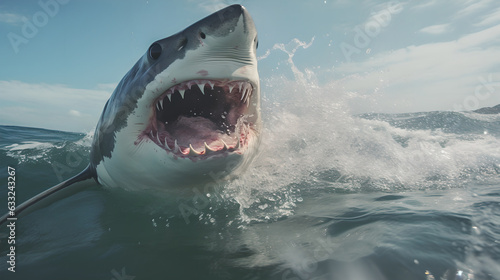 Big white shark under the water with its mouth open ready to attack. Great white shark swimming in deep blue waters