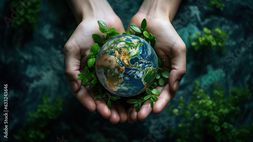 Environment Earth Day In the top view the hands holding green earth. care, saving and energy are renewable and the environment is sustainable. Save Earth. Concept of the Environment World Earth