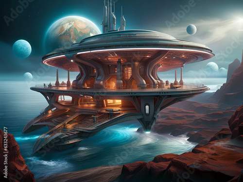 space base on alien planet with mountains, rocks and ocean, generative ai illustration, science fiction scenery, this depiction is fictitious and generated