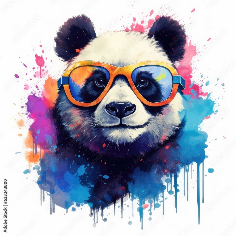 Portrait of Panda with sunglasses. Colorful watercolor drawing