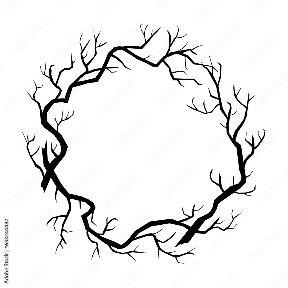 Wreath made from doodle tree branches. Spooky round border with space for text. Vector illustration isolated on white background. Halloween circle frame.