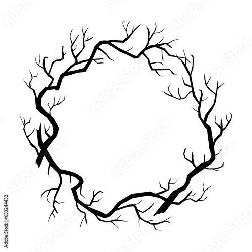 Wreath made from doodle tree branches. Spooky round border with space for text. Vector illustration isolated on white background. Halloween circle frame.