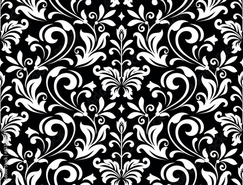 Wallpaper in the style of Baroque. Seamless vector background. White and black floral ornament. Graphic pattern for fabric, wallpaper, packaging. Ornate Damask flower ornament