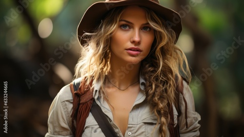 jungle adventure, blond woman with hat, Indiana Jones style. Generative Ai