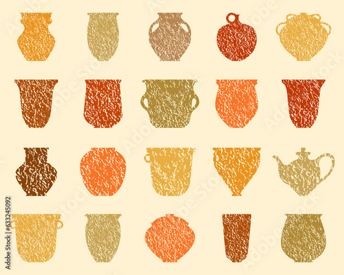 Set of ceramic products with texture. Vector flat illustration. Fireclay pots and vases