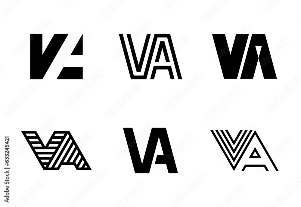 Set of letter VA logos. Abstract logos collection with letters. Geometrical abstract logos Set of letter VA logos. Abstract logos collection with letters. Geometrical abstract logos