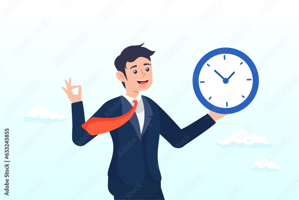 Punctual businessman holding clock with precise timing, being on time for appointment or schedule, finish work within deadline or timing, meeting reminder or time management (Vector)