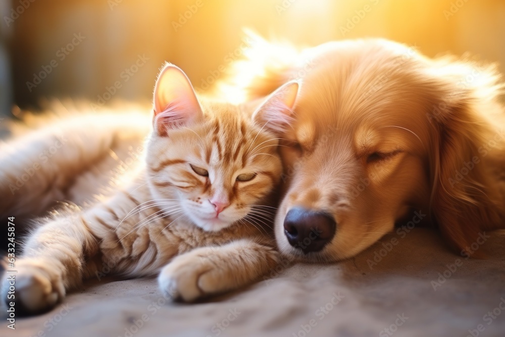 Puppy dog and cute kitten lie together. isolated on transparent background. Post-processed generative AI Puppy dog and cute kitten lie together. isolated on transparent background. Post-processed generative AI