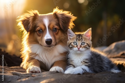 Puppy dog and cute kitten lie together. isolated on transparent background. Post-processed generative AI